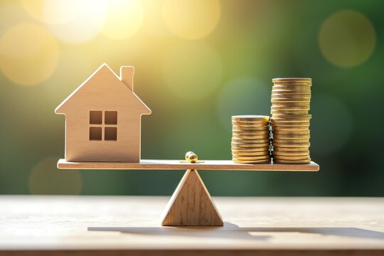 House and coins balanced on scale, symbolizing affordable housing finance. Warm light highlights economic stability concept.