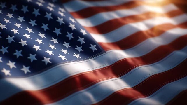 53Cinematic shot of the USA flag fluttering in the breeze, close-up focus on illuminated stripes with sunlight streaming behind, warm backlight producing glowing edges and natural le
