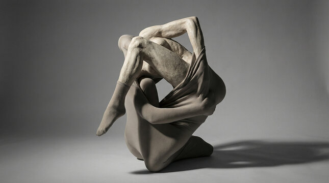 Artistic contortionist in beige bodysuit posing against grey background. Abstract human body shape concept