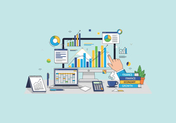 Vector Ilustration Flat Design Business analytics and financial data visualization on computer screen.