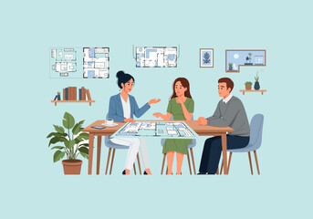 Vector Ilustration Flat Design Architectural consultation with clients discussing blueprints.