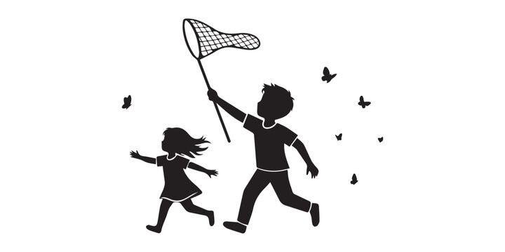 Silhouette of Boy  and girl Catching Butterfly with Net Outdoors in Black and White Outline Child Chasing Insect in Field Simple Summer Vector Illustration,child catching butterflies on white