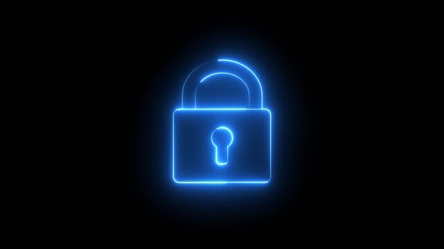 Neon security sign icon animation glowing blue color lock encryption privacy protection technology safety icon on black background