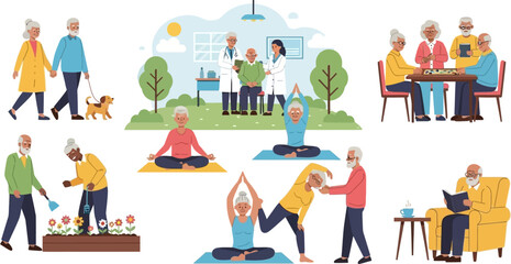 Vector Ilustration Flat Design Active Seniors Enjoying Diverse Hobbies and Activities Together.