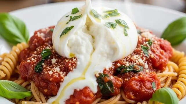 Delicious pasta dish with fresh burrata cheese is served on plate.