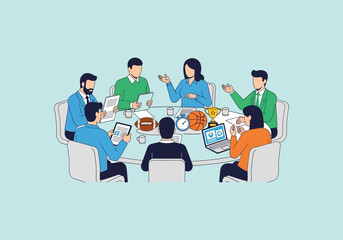 Vector Ilustration Flat Design Business Meeting Around Oval Table with Trophies.
