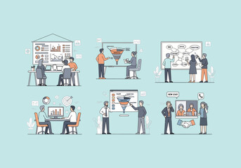 Vector Ilustration Flat Design Business meeting and presentation illustrations set.