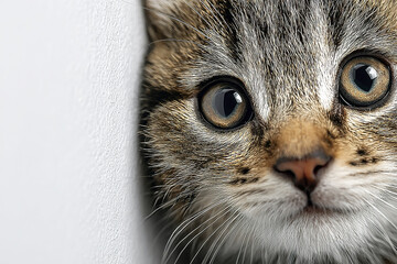 Playful kitten peeking from corner with realistic fur detail and large expressive eyes, showing curiosity and innocence in close up portrait