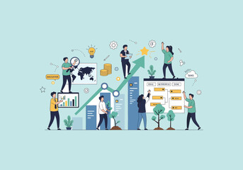 Vector Ilustration Flat Design Business Growth Strategy Teamwork Success Concept Illustration.