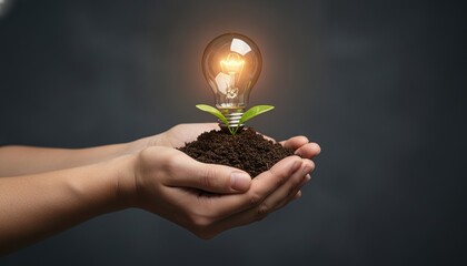 Fototapeta premium sustainability, green energy, innovation, growth, ecology, renewable energy, light bulb held in hands with a young plant sprout in soil, symbolizing eco-friendly creative solutions.