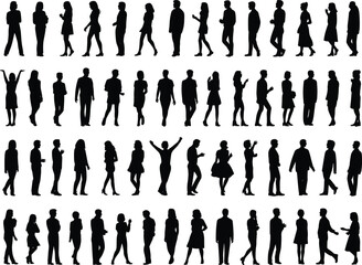 Comprehensive set of diverse people silhouettes standing in various poses, men and women profile views, isolated on white background, vector (20 words)