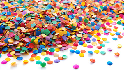 Pile of colorful confetti scattered on a white background, perfect for celebrations, parties, and festive occasions.
