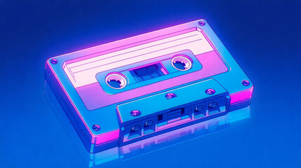 Obraz premium Neon glowing cassette tape with retro futuristic design