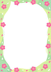 桜とドットやストライプの丸い幾何学模様の縦型のフレーム_緑