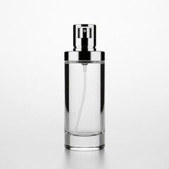 Naklejka premium A clear perfume bottle with a silver cap on a white background