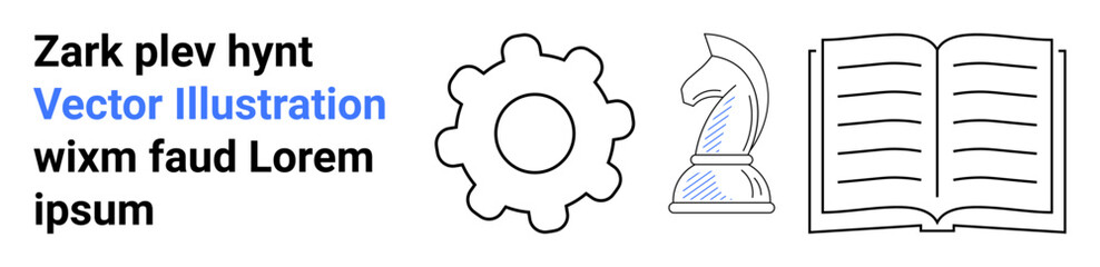 Education, strategy, planning, creativity, productivity, development. Gear, chess knight open book with text. Education and strategy concepts with symbolic elements