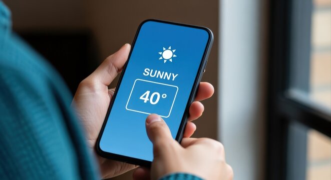 Man holds smartphone displaying sunny weather forecast with 40-degree temperature, illustrating modern technology