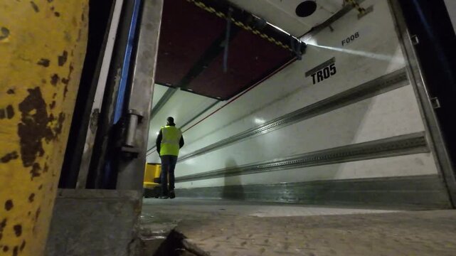 A low angle shot from a warehouse floor as a worker wearing a high visibility vest pulls a yellow electric pallet jack into the back of a semi trailer at a loading dock