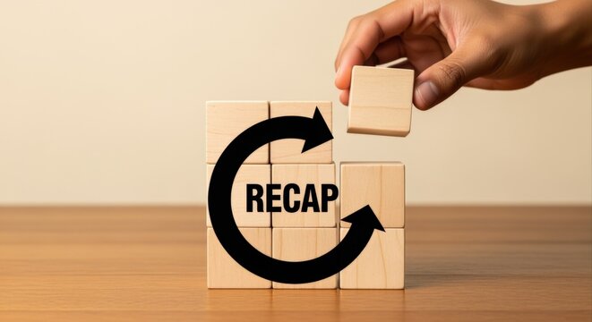 Recap Concept with Wooden Blocks and Arrow, Representing Review, Summary, and Repetition in Business or Education