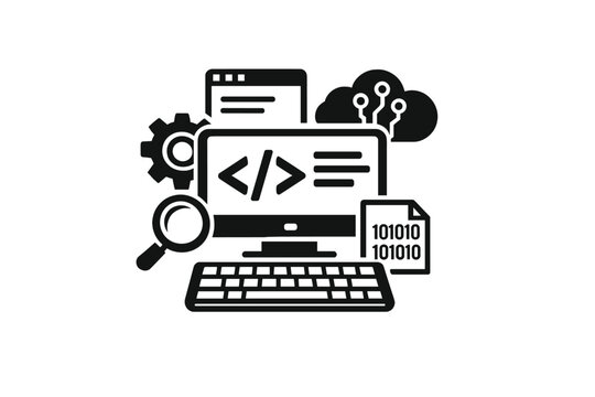 Software development and coding concept icon with computer monitor, code symbols, magnifier, gear and cloud, representing programming, debugging and IT technology.