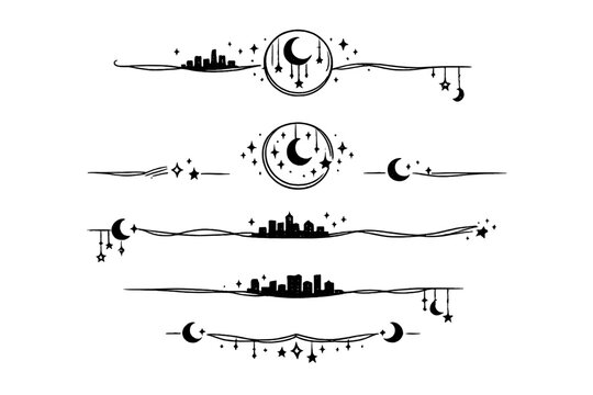 Set of minimal celestial divider elements with crescent moon, stars and skyline silhouettes. Black line decorative borders isolated on light background.