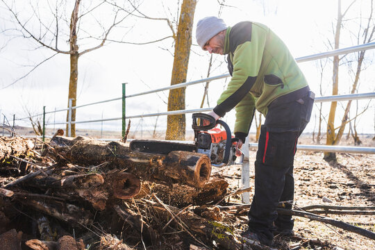 Man using chainsaw to cut fallen tree outdoors