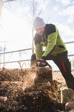 Man cutting tree with chainsaw on a clear day