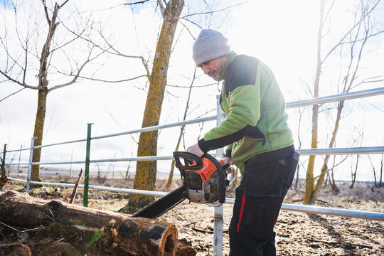 Man using chainsaw to cut wood near trees