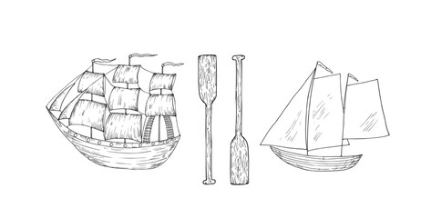 Vector set of wind sail boats and wood paddles. Hand painted linear fishing ship illustration. Graphic monochrome sketch isolated on background. For designers, prints, logo, icon, menu, postcards © Natalia