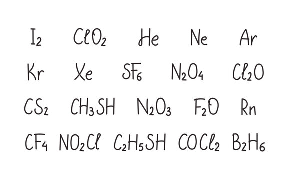 Chemistry gas formula set featuring iodine chlorine dioxide helium neon argon krypton xenon sulfur hexafluoride nitrogen oxides compounds elements