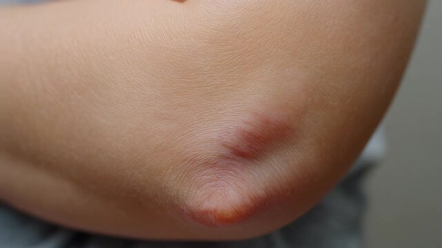 Extreme close up macro view of a child's pale skin elbow joint showing visible inflammation, swelling, and slight redness indicative of a minor injury or bursitis