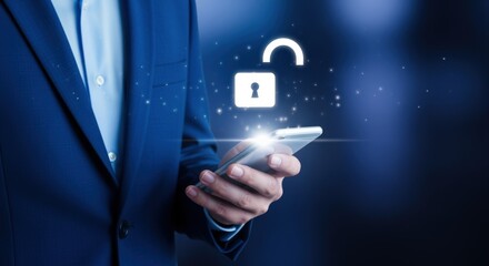 Smartphone Security Concept: Man Holding Phone with Open Lock Icon, Representing Data Access and Protection