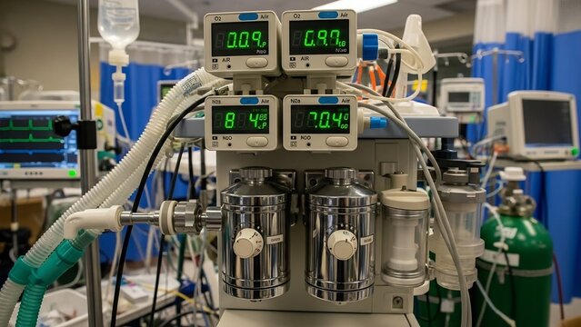 Anesthesia Machine in Operating Room with Medical Equipment.