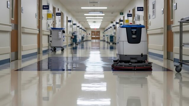 Automated Floor Cleaning Robot Operating in a Modern Hospital Corridor.