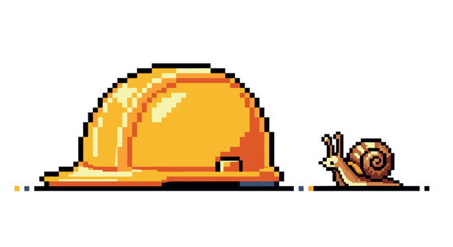 Pixel art hard hat and snail: nostalgic retro gaming icon with unique contrast