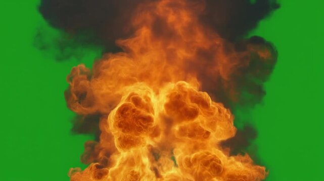 Massive realistic vertical nuclear explosion plume with intense bright orange and deep dark smoke rising rapidly against a vibrant chroma key green screen background,
