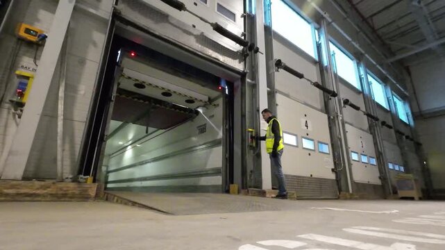 A low angle shot on a warehouse floor as a worker wearing a high visibility vest walks toward a loading dock door and presses a button on the control panel next to an empty semi trailer