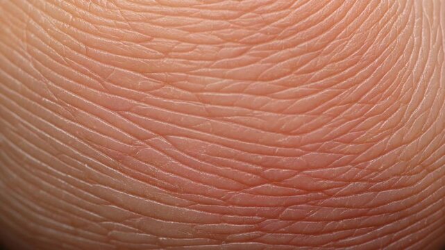 Extreme macro close up shot showcasing the intricate, detailed, and unique texture of human skin ridges and dermal papillae lines on a fingertip or toe pad, revealing