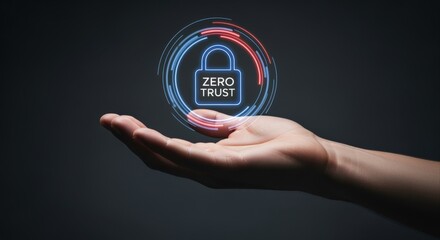 Fototapeta premium Zero Trust Security Concept: Hand Holding Digital Padlock Symbol for Network Protection and Data Privacy