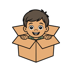 A young boy peeks out from inside a cardboard box with a happy expression.
