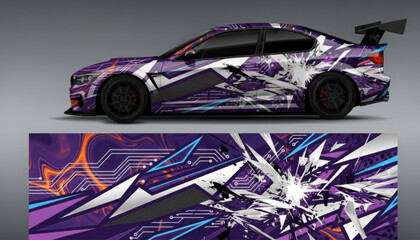 A sports car with a vibrant purple and white abstract geometric wrap design. © DB stock