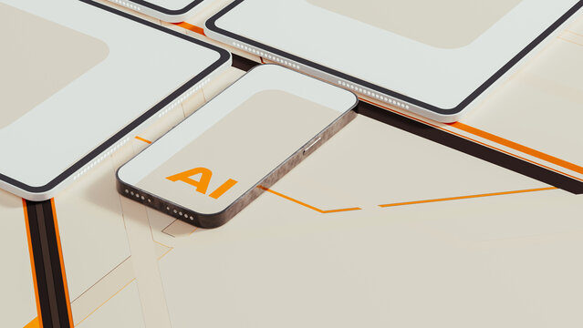 Technological devices display letters for AI on multiple screens