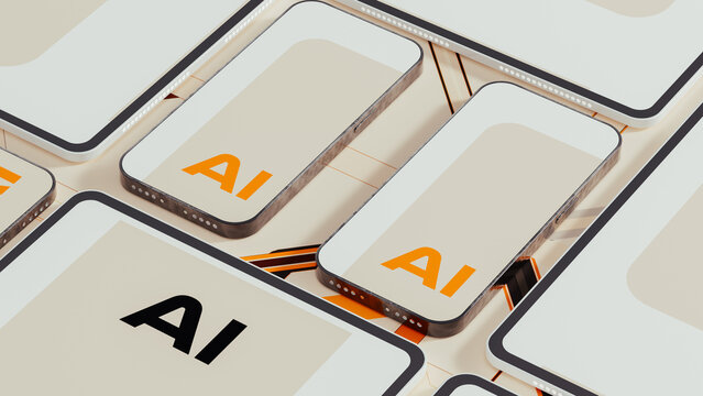 Technological devices display letters for AI on multiple screens