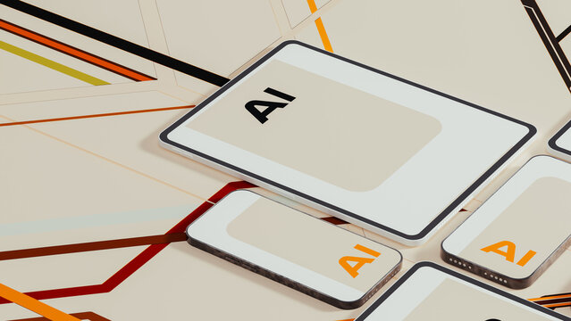 Technological devices display letters for AI on multiple screens