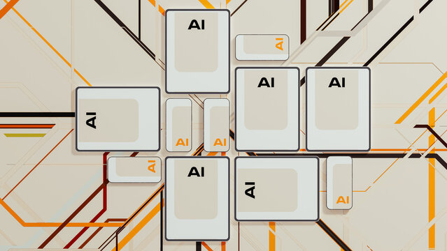 Technological devices display letters for AI on multiple screens