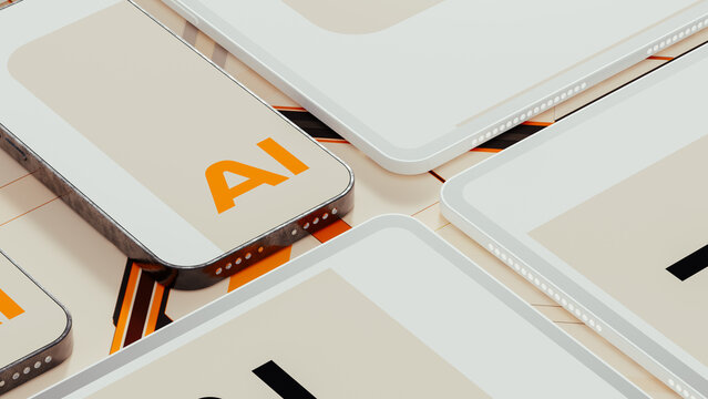 Technological devices display letters for AI on multiple screens