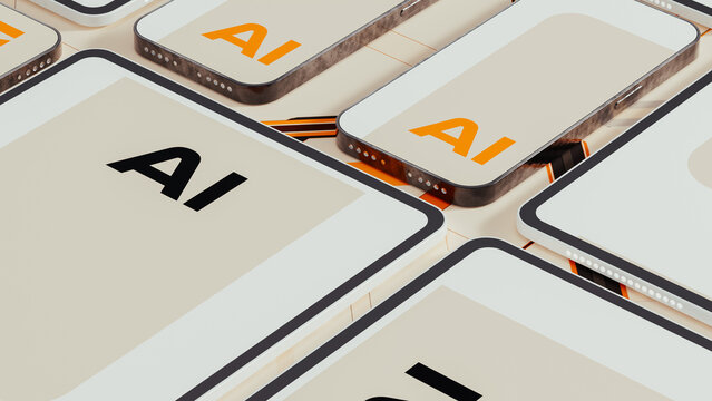 Technological devices display letters for AI on multiple screens