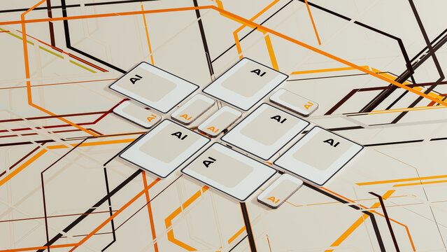 Technological devices display letters for AI on multiple screens