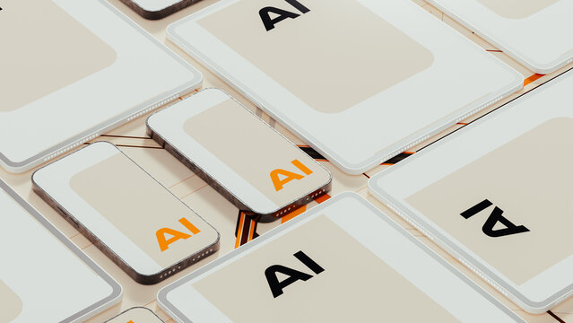 Technological devices display letters for AI on multiple screens