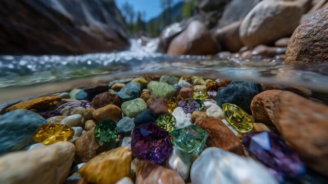 Close-up macro shot of glistening gemstones scattered between pebbles in a flowing river, intricate mineral facets catching beams of sunlight, crystal-clear water magnifying their